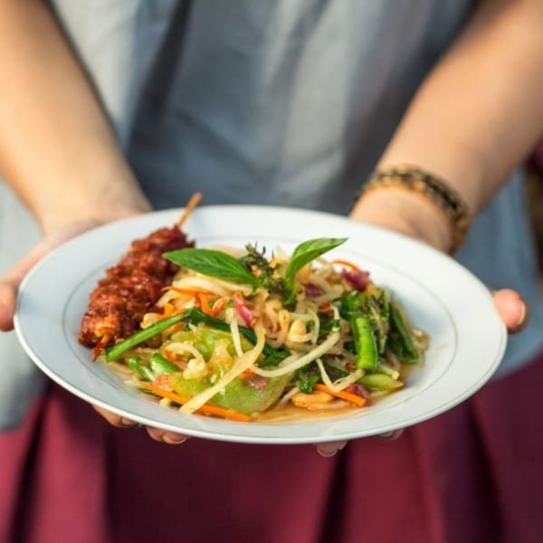 Hands holding a white plate with a colorful salad and a skewer of grilled meat.